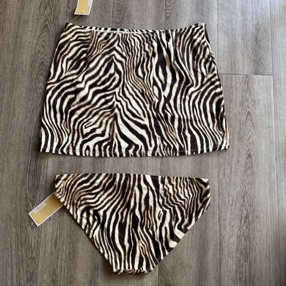 NWT 2 Piece Michael Kors Sz L Bottoms & Skirt Striped Chocolate Zebra Swimsuit